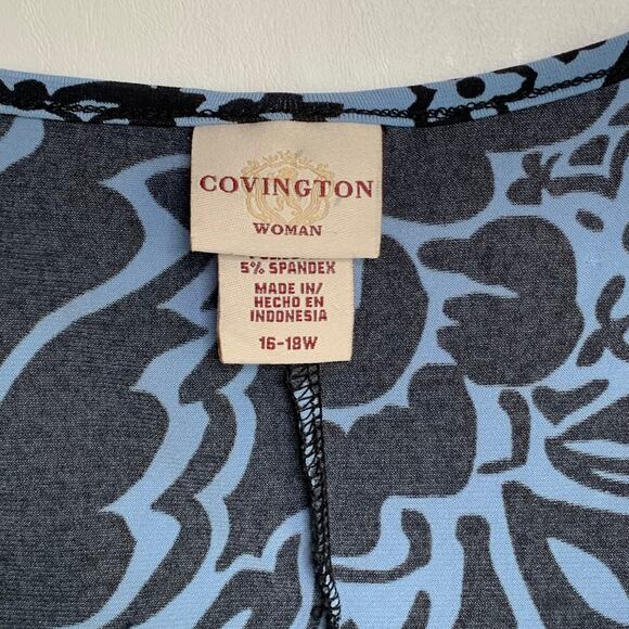 Covington Womens Plus 16-18W 2X Blue Black Flowy 3/4 Sleeve Scoop Tunic Blouse - Picture 6 of 10